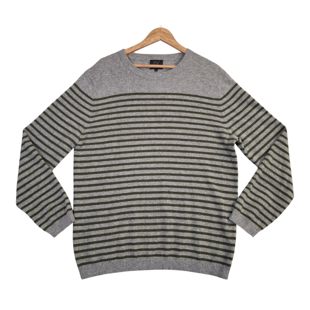 Qi Cashmere Mens XL Sweater Grey Olive Green Striped 100% Cashmere Crewneck Knit